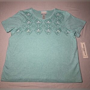 Alfred Dunner Women's Teal Embroidered Short Sleeve Top
